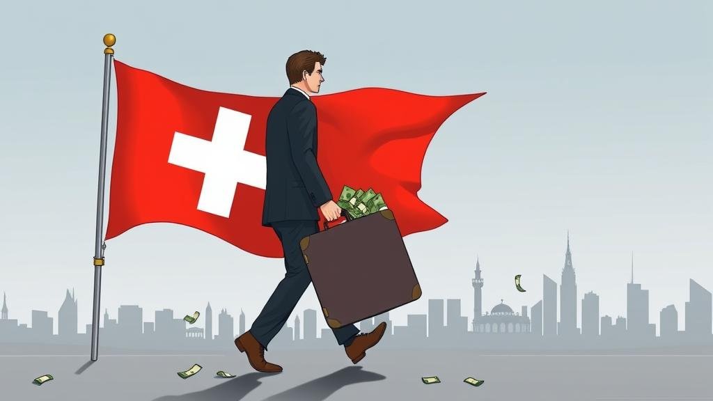 An illustration of a wealthy individual walking away from a Swiss flag, pulling a suitcase overflowing with money. In the background, a city skyline crumbles, representing the economic consequences of capital flight.