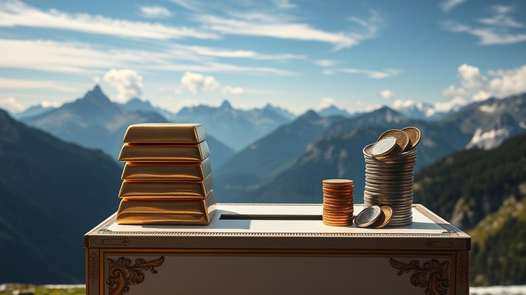 A panoramic view of the Swiss Alps with a large, ornate ballot box in the foreground, symbolizing the wealth disparity at the heart of the referendum. The ballot box has gold bars on one side and a smaller pile of coins on the other.
