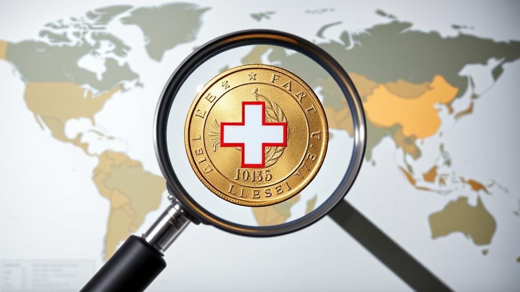 A world map with a magnifying glass focused on Switzerland, revealing a shining Swiss franc coin, symbolizing the nation's role as a global test case for wealth taxation.