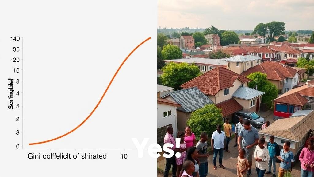 A split image showing a Gini coefficient graph with a shrinking gap on one side, and on the other, a vibrant community with new schools and improved public services, illustrating the 'Yes' campaign's vision of social justice and economic fairness.