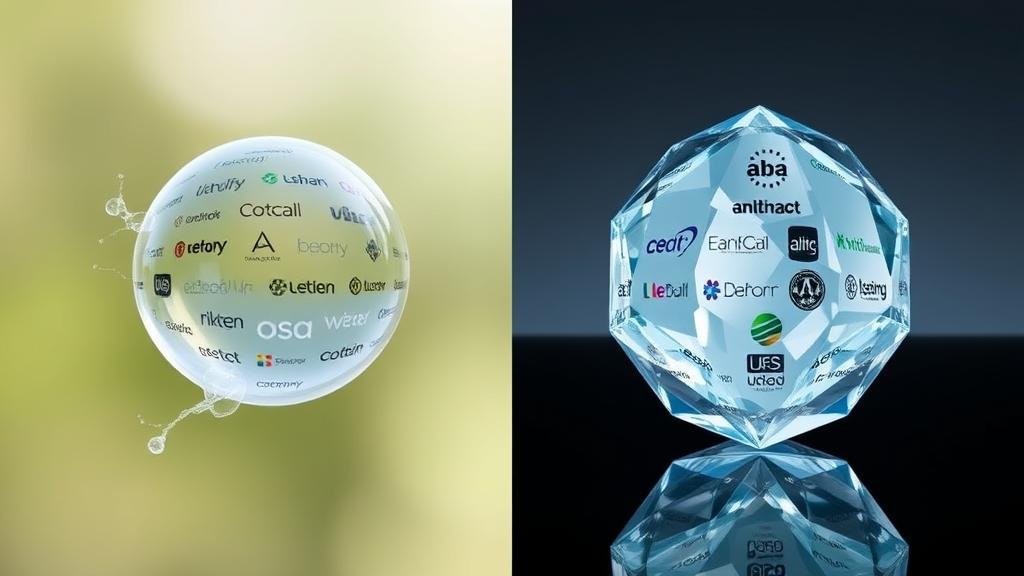 A split-screen image: on one side, a fragile, bursting soap bubble with faint, ghost-like company logos from the dot-com era. On the other side, a solid, multi-faceted crystal reflecting logos of modern AI companies, symbolizing the strong, revenue-based foundation of the current AI boom.