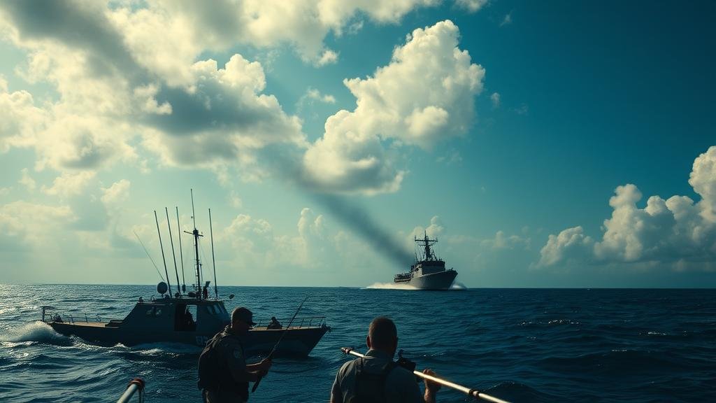 A tense and dramatic scene of a US military operation targeting drug-smuggling boats in the Caribbean, under the shadow of an alleged 'leave no survivors' order.