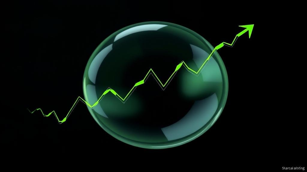 A stylized image of a stock market graph, with the line surging upwards, breaking through a translucent bubble without bursting it, symbolizing the tech market's relief and renewed confidence after Nvidia's earnings report.