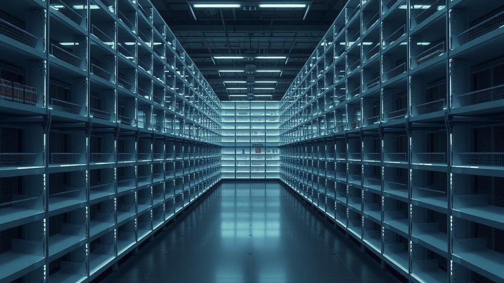 A vast, empty digital archive with glowing, empty shelves, conveying the concept of zero results in a search.
