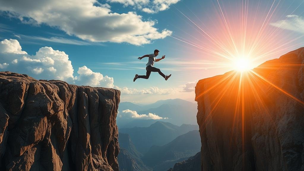 A person leaping across a chasm, representing the 'quantum leap' from current technological limitations to a bright, technologically advanced future.