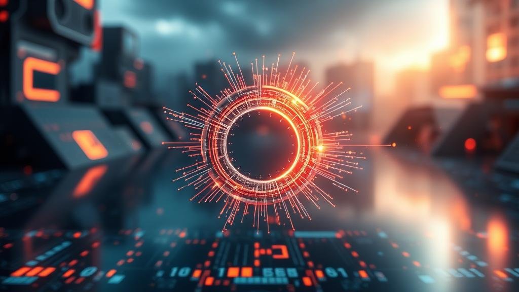 A visually stunning representation of a qubit, glowing and pulsating, existing in a superposition of 0 and 1.