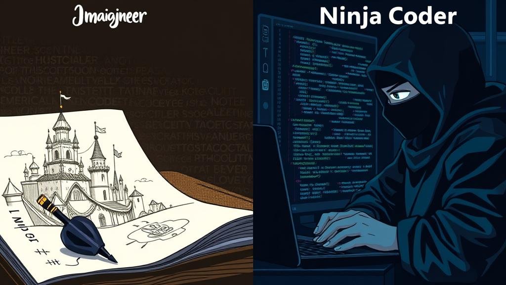 A split image showing the historical pioneers of creative job titles. On one side, a Disney 'Imagineer' from a past era sketches a magical theme park ride that glows and comes to life on the page. On the other side, an Amazon 'Ninja Coder' is depicted in a stylized, dark tech environment, expertly and silently fixing lines of buggy code as if they were a stealthy warrior.