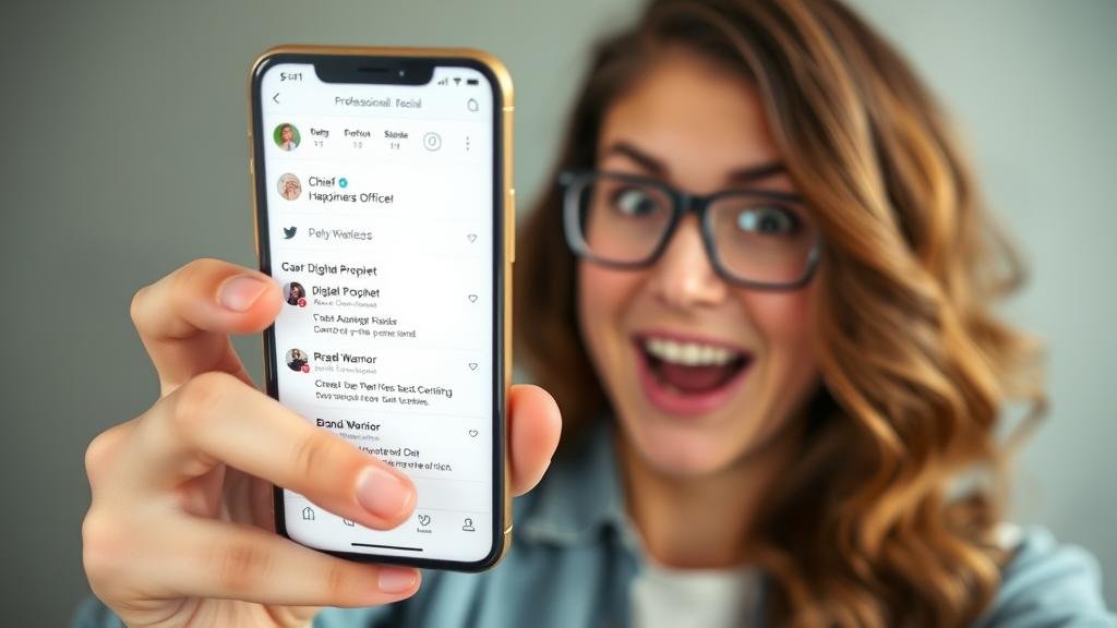 A person doom-scrolling through a professional social media feed on their phone, with a look of surprise and amusement. The feed displays a series of bizarre and creative job titles like 'Chief Happiness Officer,' 'Digital Prophet,' and 'Brand Warrior' that seem to pop off the screen.