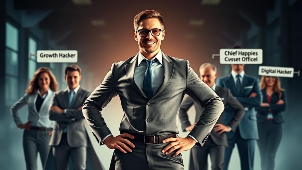 A visually dynamic superhero movie poster featuring professionals in office attire with titles like 'Digital Prophet' and 'Growth Hacker'.