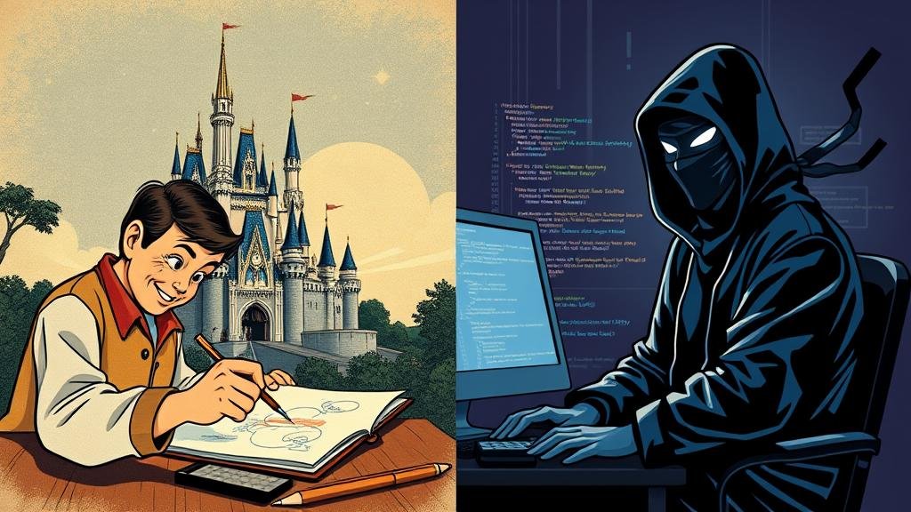 Split image with a vintage Disney 'Imagineer' on the left and a modern 'Coding Ninja' in a hoodie on the right.