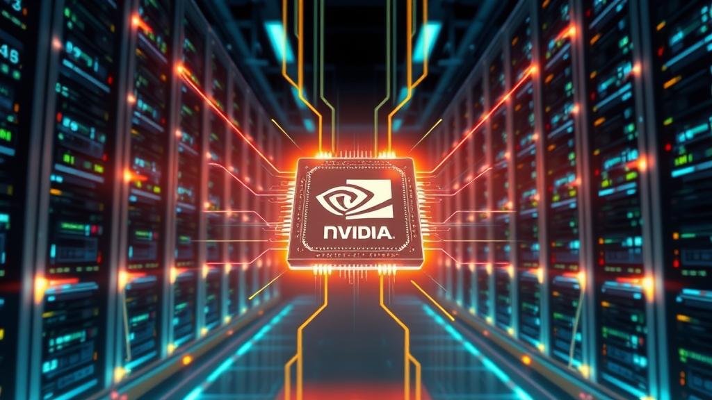An illustration of a powerful, glowing Nvidia AI chip at the center of a futuristic data center, with lines of light and data flowing from it, representing the 'new era of computing' and the insatiable demand for AI technology.