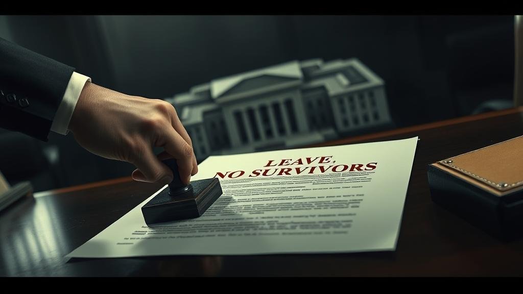 A dramatic, cinematic shot of a hand stamping a document with the words 'LEAVE NO SURVIVORS' in bold, red letters. The document is on a dark, imposing desk in a dimly lit room, suggesting secrecy and immense power. In the background, a faint, out-of-focus image of the Pentagon.