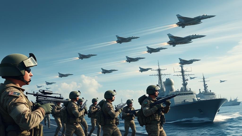 A tense geopolitical scene with a large, stylized Russian bear casting a shadow over a map of Eastern Europe, with NATO flag pins marking the eastern flank, symbolizing the looming threat from Moscow.