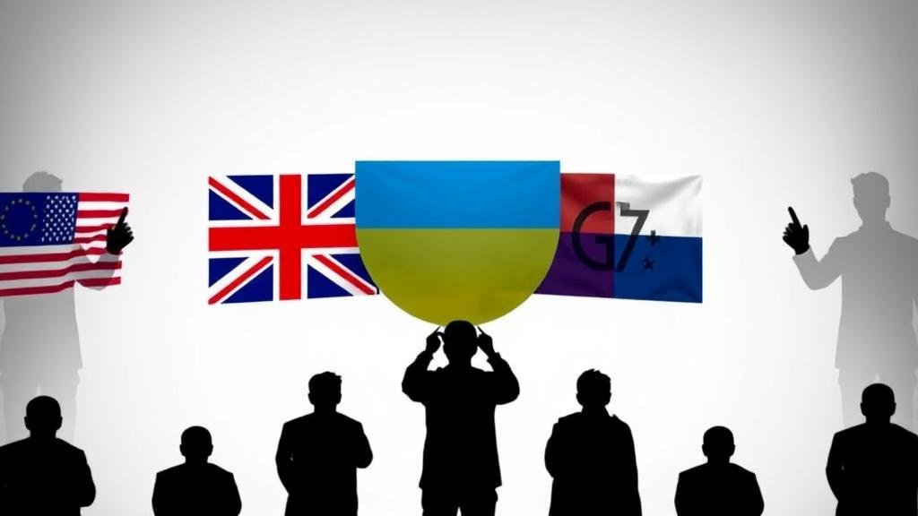A visual representation of a 'united front' with the flags of the US, EU, UK, and G7 forming a protective wall around the Ukrainian flag. This symbolizes international solidarity and strategic communication against a backdrop of shadowy figures representing disinformation.