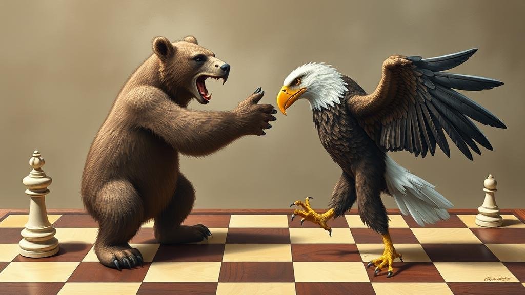 A chaotic and frantic 'cha-cha' dance between a Russian bear and a Western eagle on a chessboard, representing the chaotic diplomatic negotiations of the Ukraine peace talks.