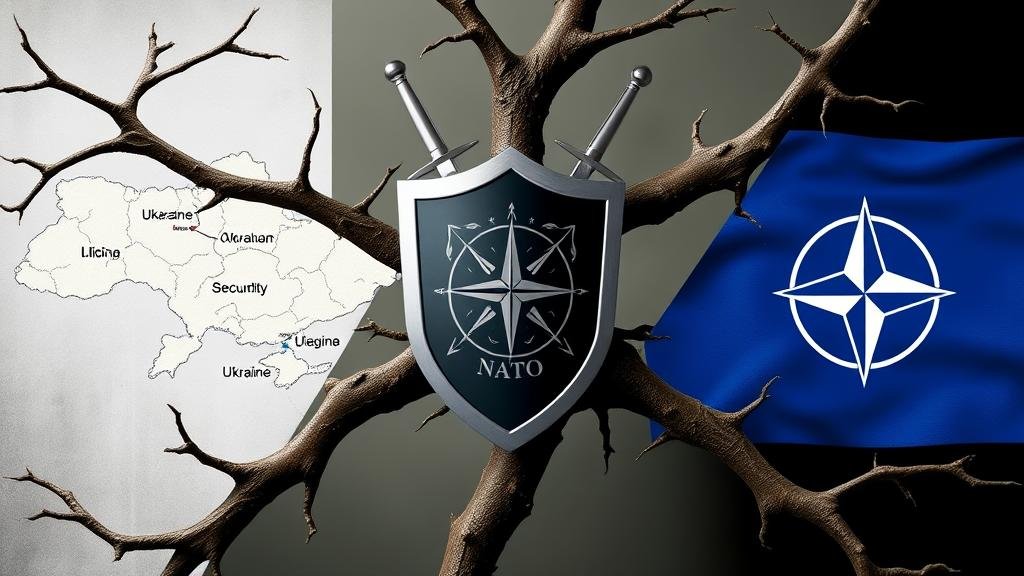 A split image showing three thorny, entangled branches. One branch has a map of Ukraine with its borders highlighted, another has a shield and swords representing security guarantees, and the third has the NATO flag, symbolizing the major roadblocks in the peace talks.