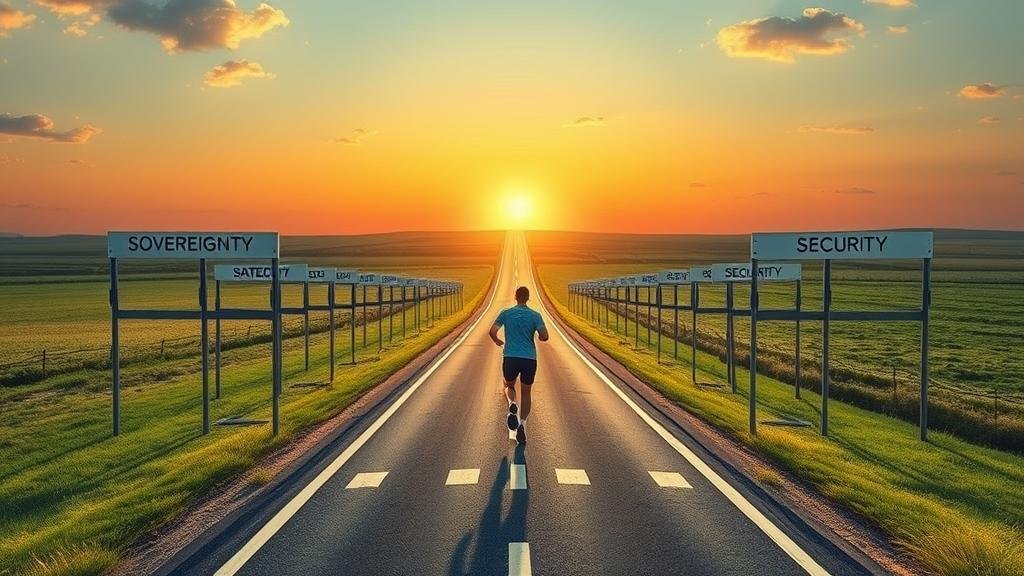 A long and winding road stretching towards a distant sunrise, with numerous large hurdles labeled 'Sovereignty,' 'Security,' and 'NATO.' A single runner, representing Ukraine, is shown navigating this difficult 'marathon,' symbolizing the arduous path to a peaceful resolution.