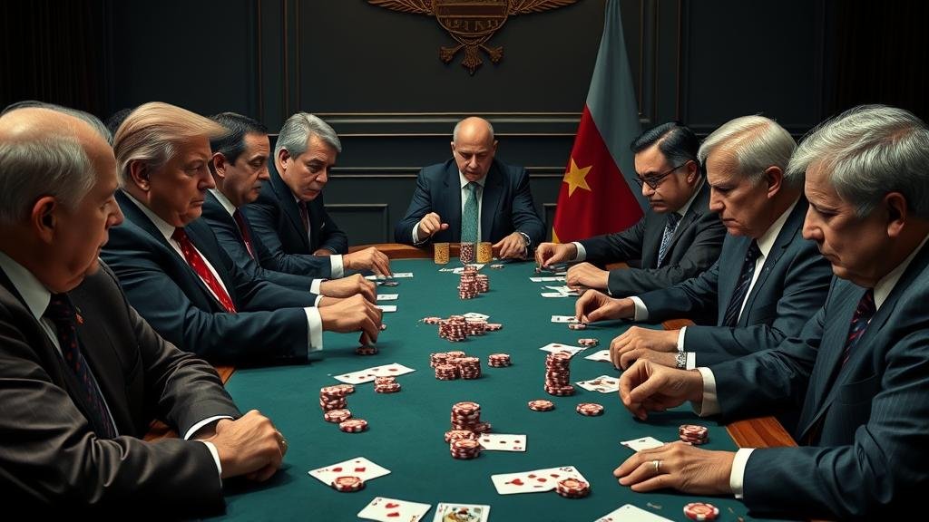 A split image with a powerful real estate mogul on one side, confidently pointing at a skyscraper blueprint, and a shadowy diplomat on the other, whispering secrets into a vintage telephone, representing the leaked call.