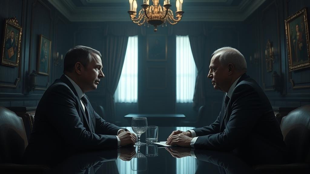 A high-stakes diplomatic meeting between a real estate executive and a Russian official in a tense, dimly lit room in the Kremlin. The mood is serious and secretive, with long shadows and a sense of urgency.