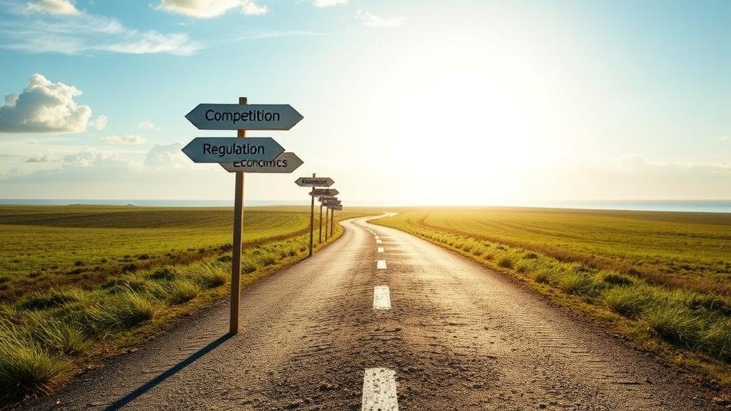 A path stretching towards a bright, futuristic horizon, with signposts along the way labeled Competition, Regulation, and Macro-Economics, representing the potential challenges and the promising long-term journey for AI investment.