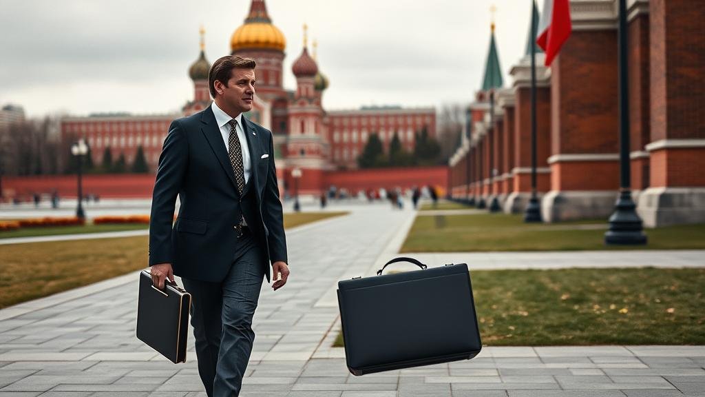 A businessman in a sharp suit, Steve Witkoff, confidently walking towards the Kremlin, briefcase in hand, representing the unconventional, deal-making approach to a complex diplomatic challenge.