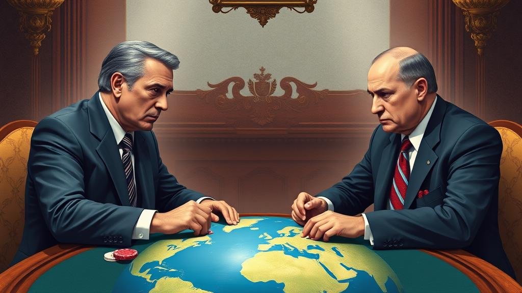 A high-stakes poker game between a determined American diplomat and a stoic Russian official, with the globe as the poker table, symbolizing the high-risk, high-reward nature of the diplomatic mission.