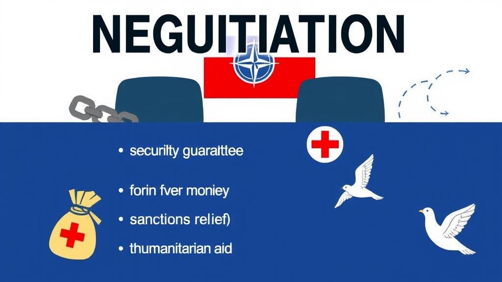 A negotiation table with a list of key points: a broken chain for 'ceasefire', a shield for 'security guarantees', a NATO flag, a money bag with a red cross for 'sanctions relief', and a dove for 'humanitarian aid'.