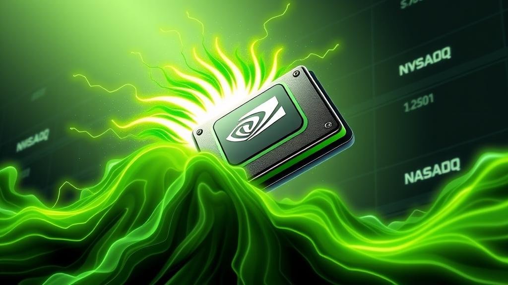 A stylized image of a powerful NVIDIA GPU chip unleashing a wave of green, bullish energy that lifts the NASDAQ stock market ticker, symbolizing a tech boom.