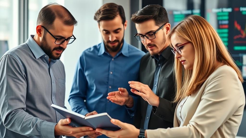 A diverse group of investors carefully examining a portfolio that includes a mix of AI and other tech stocks, symbolizing a smart and balanced investment strategy.