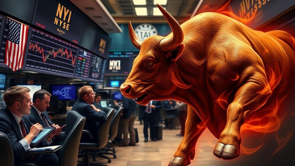 A tense Wall Street trading floor with traders anxiously watching a volatile stock market graph, which then gives way to a powerful, roaring bull, symbolizing the market's relief and optimism following a positive AI earnings report.