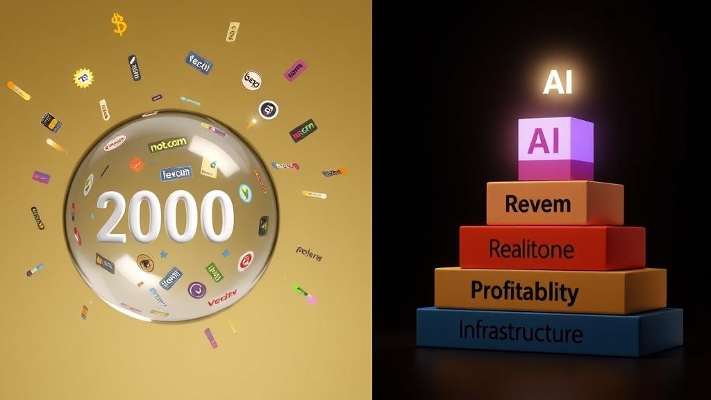 A split-screen visual: on the left, a bursting soap bubble from the year 2000 with 'dot-com' logos falling like confetti. On the right, a solid, steadily growing pyramid constructed from blocks labeled 'Real Revenue,' 'Profitability,' and 'Infrastructure,' with a glowing 'AI' symbol at its peak.