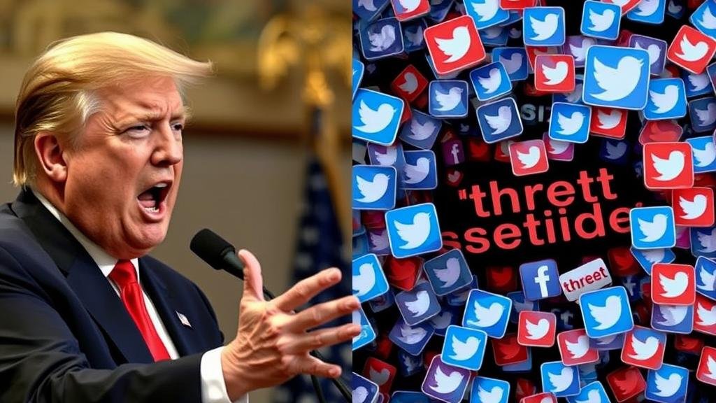 A split image showing a powerful political figure yelling at a screen on one side, and on the other, a chaotic explosion of social media icons with words like 'threat' and 'sedition'.
