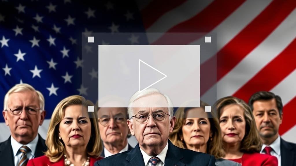 A group of diverse politicians with serious expressions, stand in front of an American flag with a digital video recording overlay, conveying a sense of a firm warning and constitutional duty.