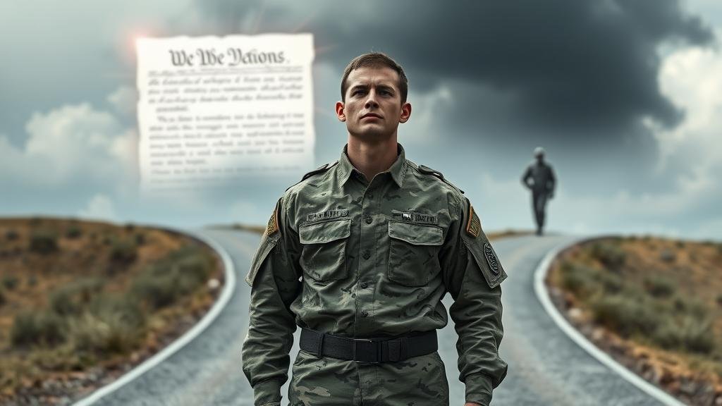 A single military service member stands at a crossroads, with one path leading to a shining, abstract representation of the U.S. Constitution and the other to a shadowy, authoritarian figure. The soldier's face is in deep contemplation.