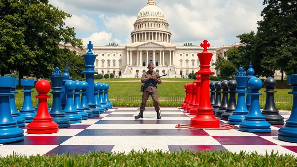A giant chessboard sits on the lawn of the U.S. Capitol building. Blue and red chess pieces are on opposite sides, while a single, neutral-colored military figure stands in the middle, being pulled in both directions.