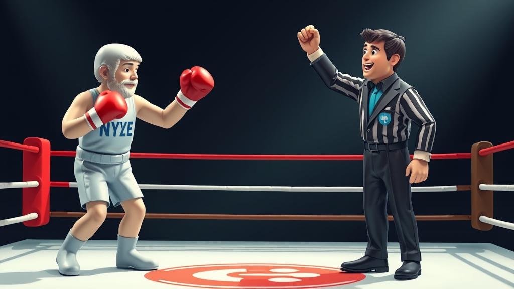 A boxing ring where the tech-savvy Nasdaq figure stands victoriously over the knocked-out NYSE figure, with Walmart as the referee.