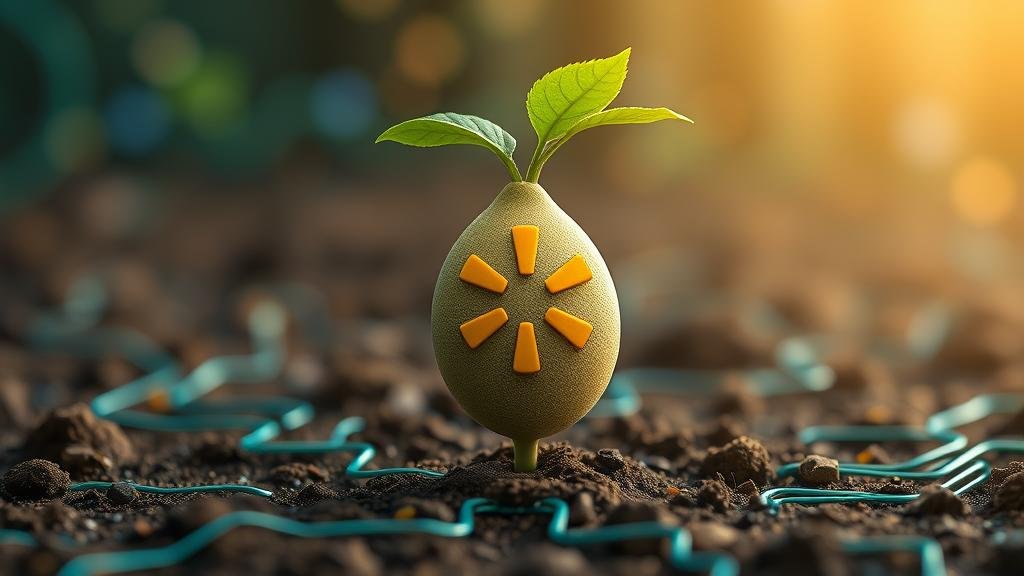 A seed with the Walmart logo being planted in a digital landscape of circuits and data streams.