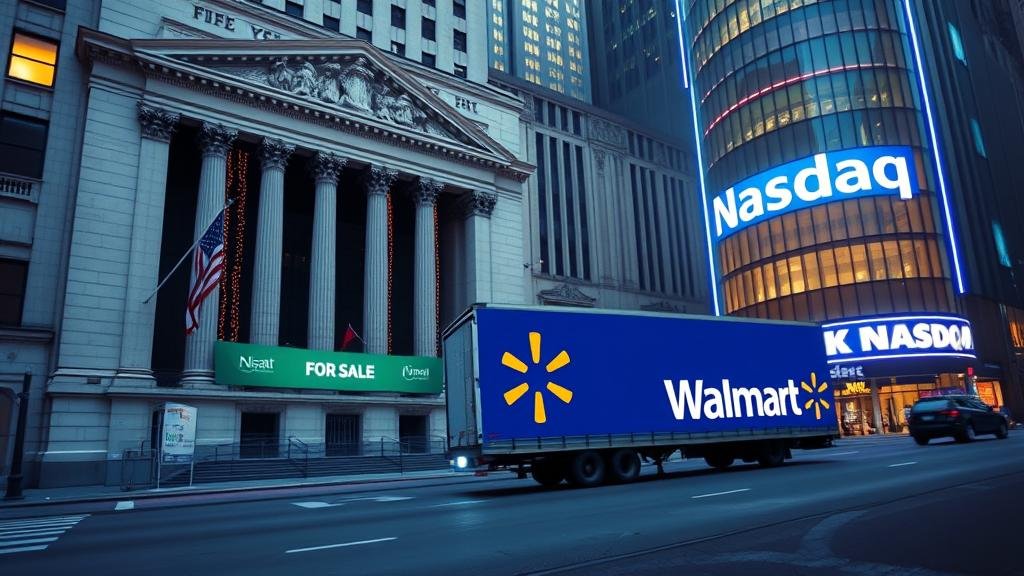 A moving truck with the Walmart logo leaving the New York Stock Exchange and driving towards the futuristic Nasdaq building.
