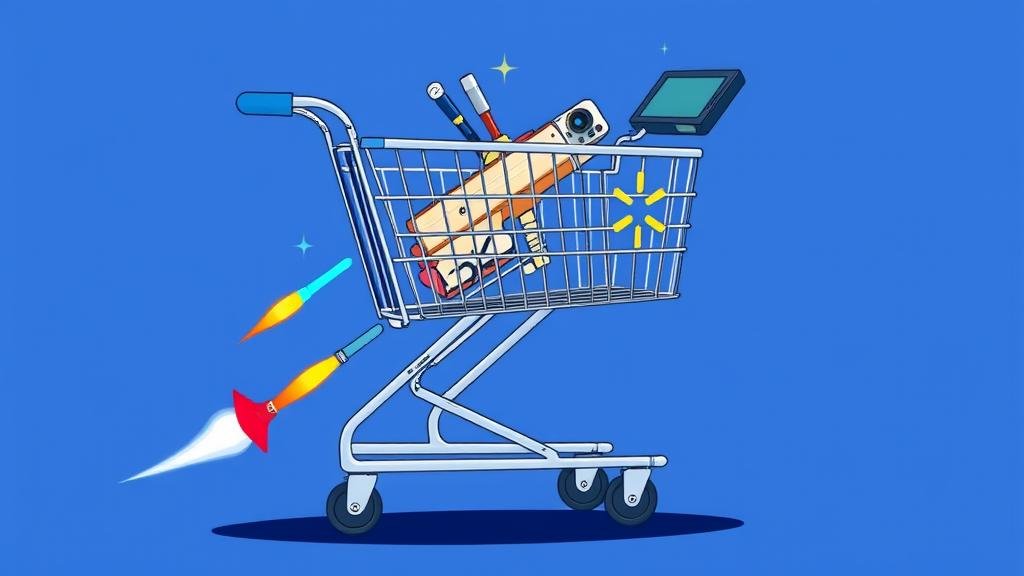 A classic Walmart shopping cart being retrofitted with high-tech gadgets like rocket boosters and a digital screen.