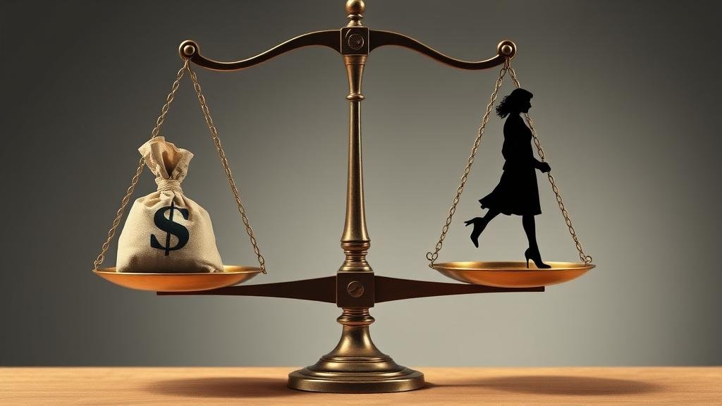 The scales of justice are severely imbalanced, with one scale weighed down by a bag of money and a powerful silhouette, and the other scale representing victims floating high up, illustrating a two-tiered justice system.