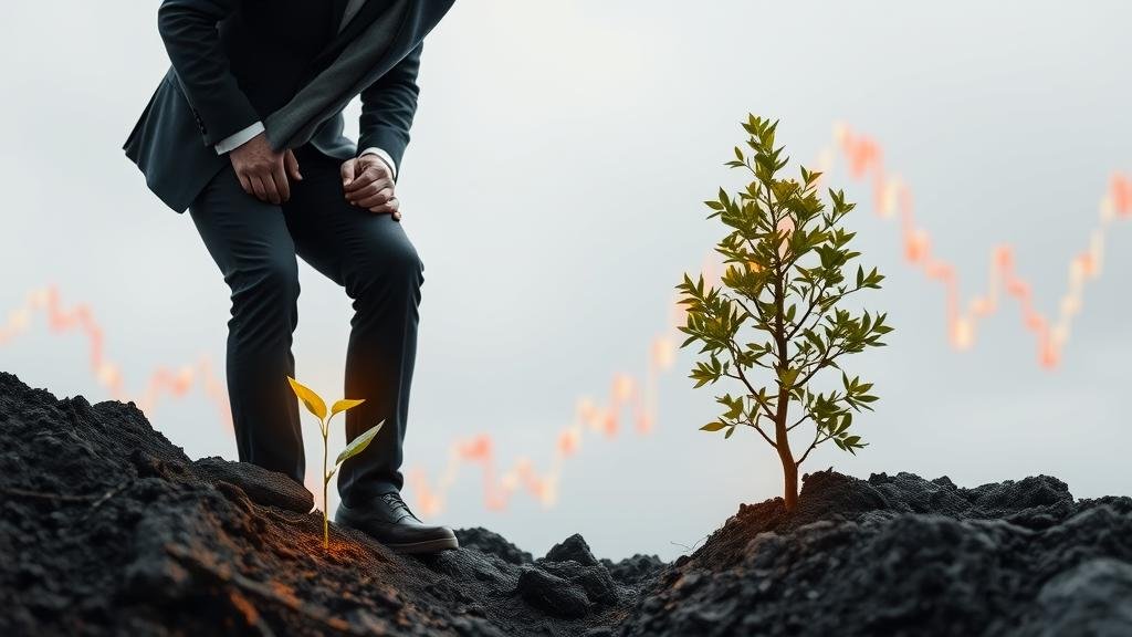A savvy investor planting a small, glowing sapling into a valley of a declining stock chart, representing the concept of 'buying the dip' and finding growth opportunities during a market downturn.