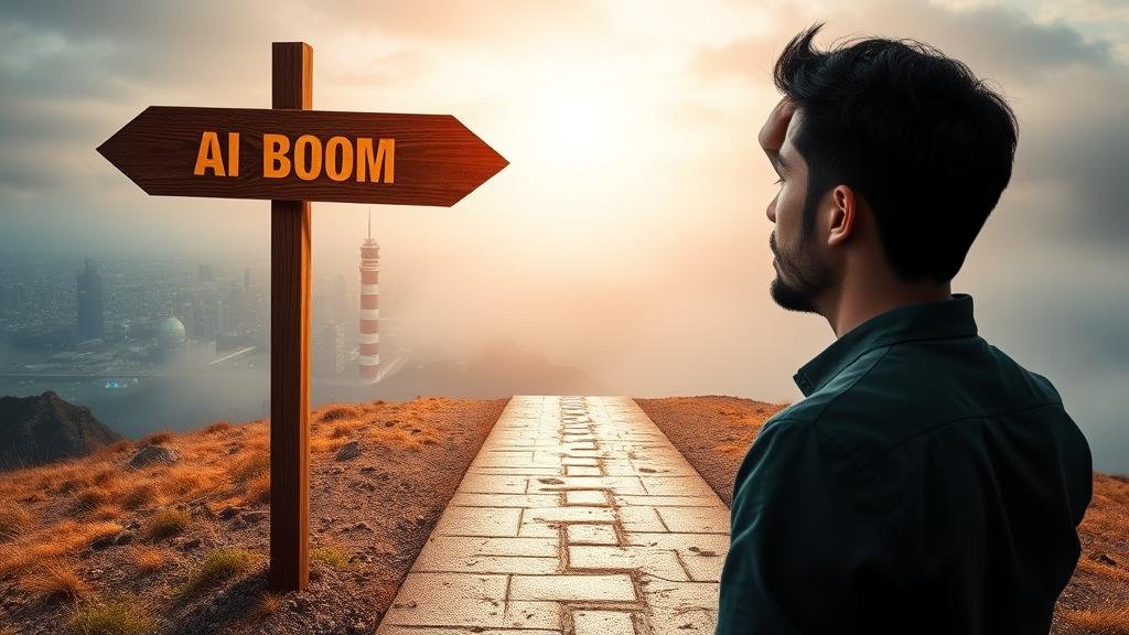 A calm and wise investor is shown holding a balanced scale. On one side of the scale is a glowing, high-tech brain representing 'Tech Stocks', and on the other side is a basket of diverse goods like gold, a house, and crops, representing a 'Diversified Portfolio'.