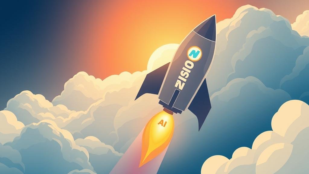 A stylized image of a rocket ship labeled 'NASDAQ' taking off into the clouds, fueled by a glowing light labeled 'AI'. The overall mood is optimistic and exciting.