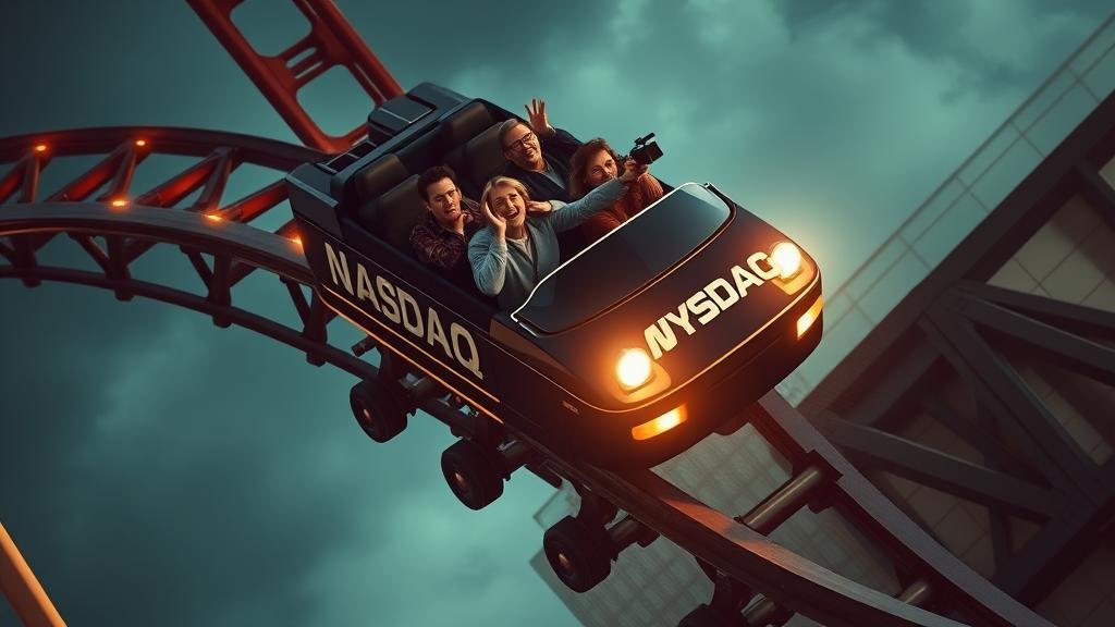 A dramatic image of a rollercoaster car, with 'NASDAQ' written on the side, suddenly plunging downwards on a steep drop. The passengers (investors) have expressions of shock and fear.