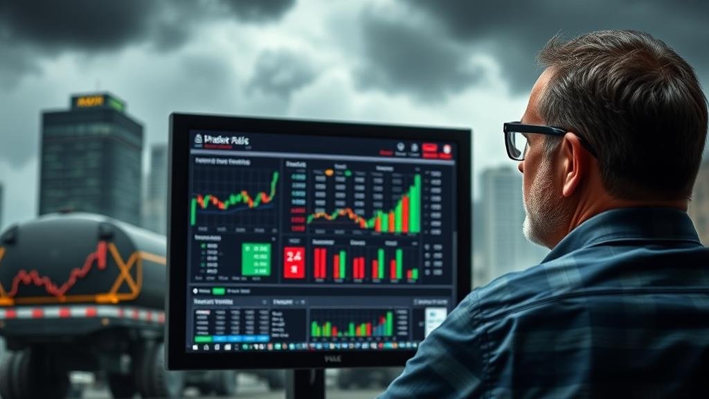 A calm investor looking at a diversified portfolio on a screen, shielded from a stormy market, illustrating a sound investment strategy.