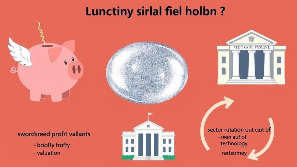 A collage of icons representing reasons for market sell-off: a piggy bank with wings for profit-taking, a bubble for frothy valuations, the Fed building for economic data, and arrows for sector rotation.