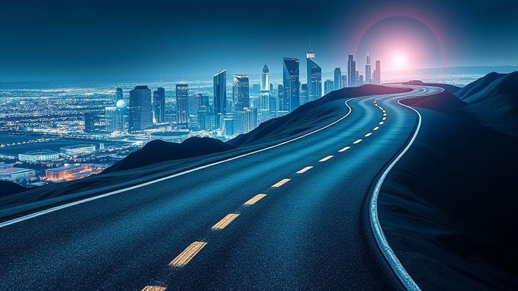 A bumpy, winding road leading to a bright, futuristic city, symbolizing the volatile but promising future of the technology sector.