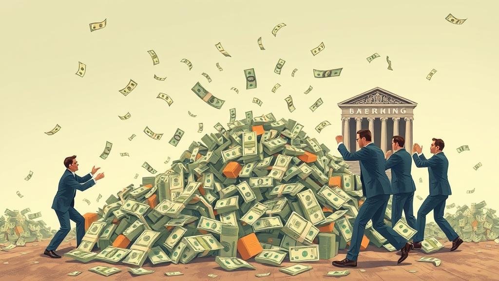 An illustration of a futuristic, glowing AI brain with stock tickers and financial data streams flowing out of it, representing the initial AI-driven market surge.