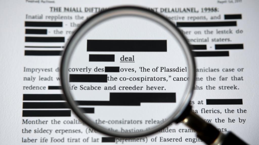 A magnifying glass hovering over a heavily redacted government document. Through the blacked-out lines, a few key phrases like 'plea deal' and 'co-conspirators' are partially visible.