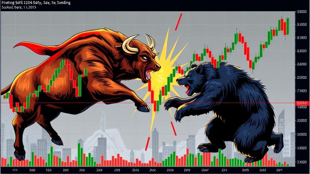 A volatile stock market chart displaying a dramatic intraday reversal, with a bull and a bear locked in a fierce battle, symbolizing the intense struggle between buying and selling pressures.